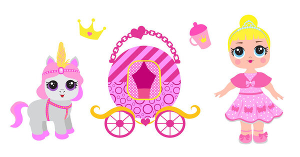 Set of cute little princess, castle, pony, crown carriage and accessories. Fairy Tale Baby girl princess and her pet. Vector illustration