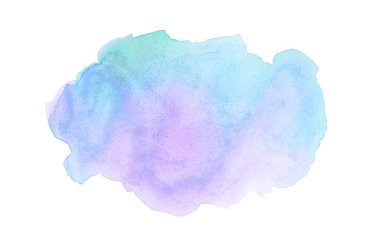 Beyaz üzerine izole edilmiş, sıvı bir kova boyası ile soyut suluboya arka plan görüntüsü. Pembe ve mavi pastel tonları