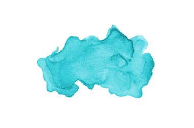 Beyaz üzerine izole edilmiş, sıvı bir kova boyası ile soyut suluboya arka plan görüntüsü. Açık mavi tonları