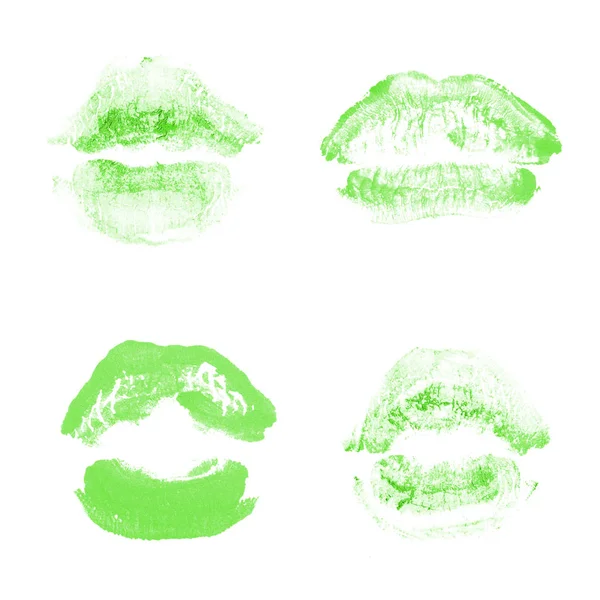 Labios femeninos beso lápiz labial conjunto de impresión para el día de San Valentín aislado en blanco. Color verde —  Fotos de Stock