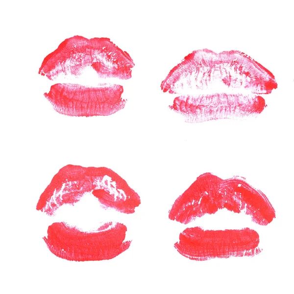 Rossetto labbra femminili set stampa bacio per San Valentino isolato su bianco. Colore magenta — Foto Stock