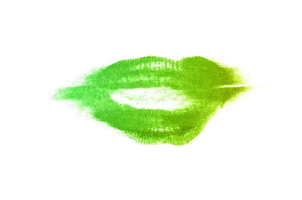 Marca de beijo de batom no fundo branco. Lábios lindos isolados. Cor amarela verde — Fotografia de Stock