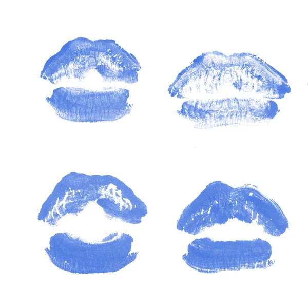 Rouge à lèvres femme baiser imprimé pour la Saint-Valentin isolé sur blanc. Couleur bleue — Photo