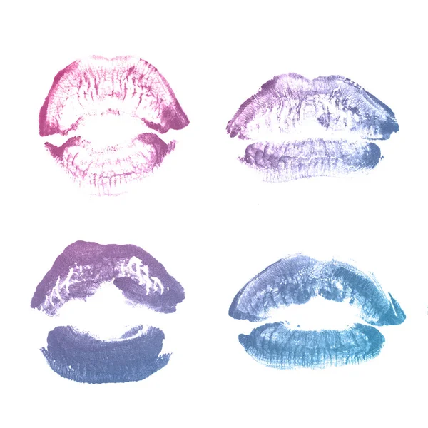 Vrouwelijke lippen lipstick kiss print set voor Valentijn dag geïsoleerd op wit. Violet blauwe kleur — Stockfoto