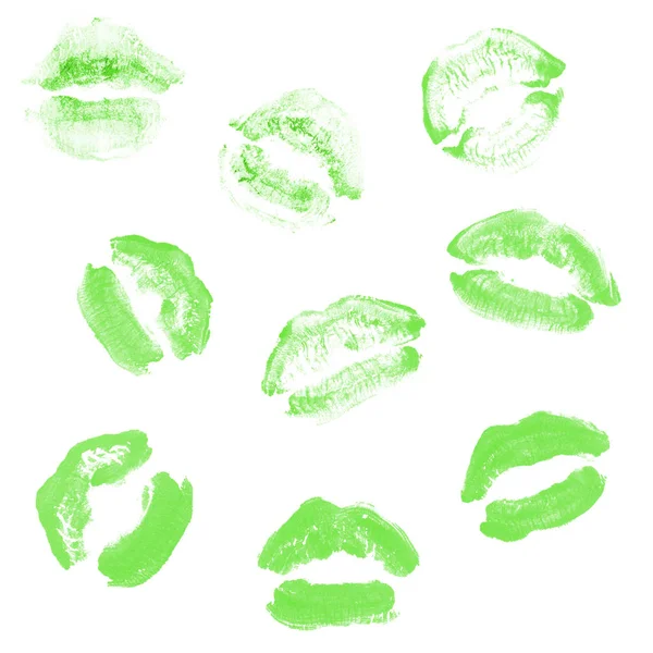 Női ajkak rúzs csók nyomtatni beállított Valentin nap izolált fehér. Zöldszín — Stock Fotó