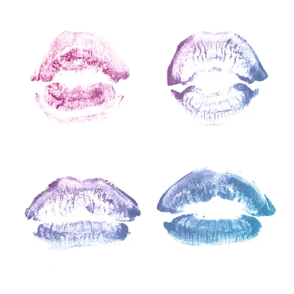 Lábios femininos batom beijo imprimir definido para dia dos namorados isolado no branco. Cor azul violeta — Fotografia de Stock