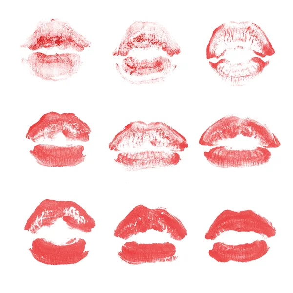 Vrouwelijke lippen lipstick kiss print set voor Valentijn dag geïsoleerd op wit. Rode kleur — Stockfoto