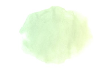 Beyaz üzerine izole edilmiş, sıvı bir kova boyası ile soyut suluboya arka plan görüntüsü. Yeşil ve sarı pastel tonları
