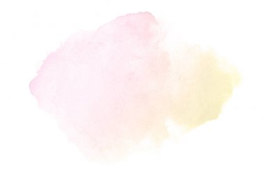 Beyaz üzerine izole edilmiş, sıvı bir kova boyası ile soyut suluboya arka plan görüntüsü. Pembe ve sarı tonları