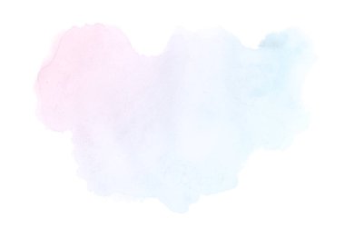 Beyaz üzerine izole edilmiş, sıvı bir kova boyası ile soyut suluboya arka plan görüntüsü. Pembe ve mavi pastel tonları