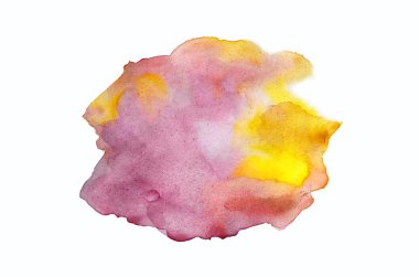 Beyaz üzerine izole edilmiş, sıvı bir kova boyası ile soyut suluboya arka plan görüntüsü. Sıcak tonları