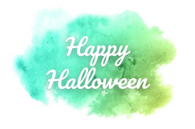 Kova boyası sıvı bir sıçrama ile soyut suluboya arka plan görüntüsü. Yeşil ve sarı pastel tonları. Cadılar Bayramınız Kutlu Olsun