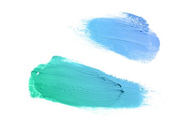 Beyaz arka planda izole edilmiş ruj ya da akrilik boya lekesi. Dudak parlatıcısı ya da sıvı tırnak cilası örneği. Güzellik kozmetik tasarımı için bir element. Turkuaz mavi renk