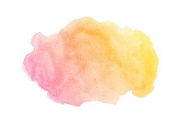 Beyaz üzerine izole edilmiş, sıvı bir kova boyası ile soyut suluboya arka plan görüntüsü. Pembe ve sarı tonları
