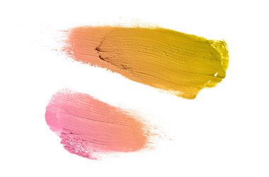 Smear ve ruj veya akrilik boya beyaz arka plan üzerinde izole doku. Lipgloss veya sıvı oje leke örneği inme. Güzellik kozmetik tasarım için eleman. Bronz renk
