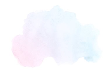 Beyaz üzerine izole edilmiş, sıvı bir kova boyası ile soyut suluboya arka plan görüntüsü. Pembe ve mavi pastel tonları
