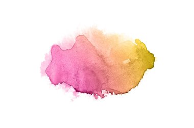 Beyaz üzerine izole edilmiş, sıvı bir kova boyası ile soyut suluboya arka plan görüntüsü. Pembe ve sarı tonları