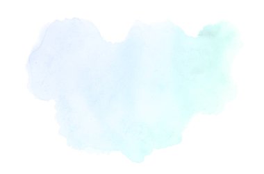 Beyaz üzerine izole edilmiş, sıvı bir kova boyası ile soyut suluboya arka plan görüntüsü. Mavi ve turkuaz pastel tonları