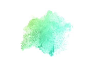 Beyaz üzerine izole edilmiş, sıvı bir kova boyası ile soyut suluboya arka plan görüntüsü. Yeşil ve sarı pastel tonları