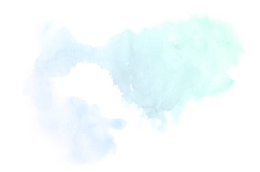Beyaz üzerine izole edilmiş, sıvı bir kova boyası ile soyut suluboya arka plan görüntüsü. Mavi ve turkuaz pastel tonları