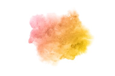 Beyaz üzerine izole edilmiş, sıvı bir kova boyası ile soyut suluboya arka plan görüntüsü. Pembe ve sarı tonları