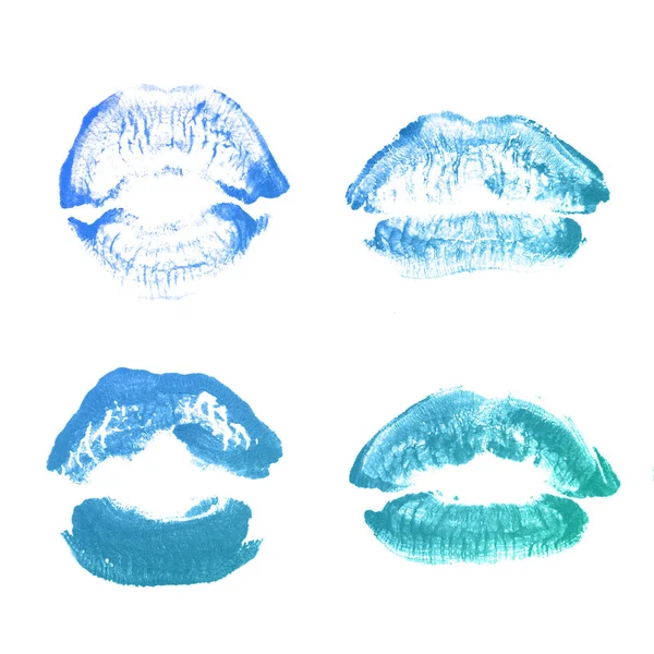 Női ajkak rúzs csók nyomtatni beállított Valentin nap izolált fehér. Türkiz kék szín — Stock Fotó