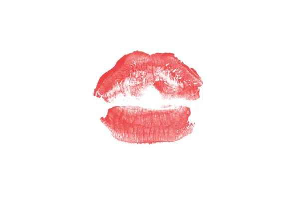 Marca de beso de lápiz labial sobre fondo blanco. Hermosos labios aislados. Color rojo — Foto de Stock