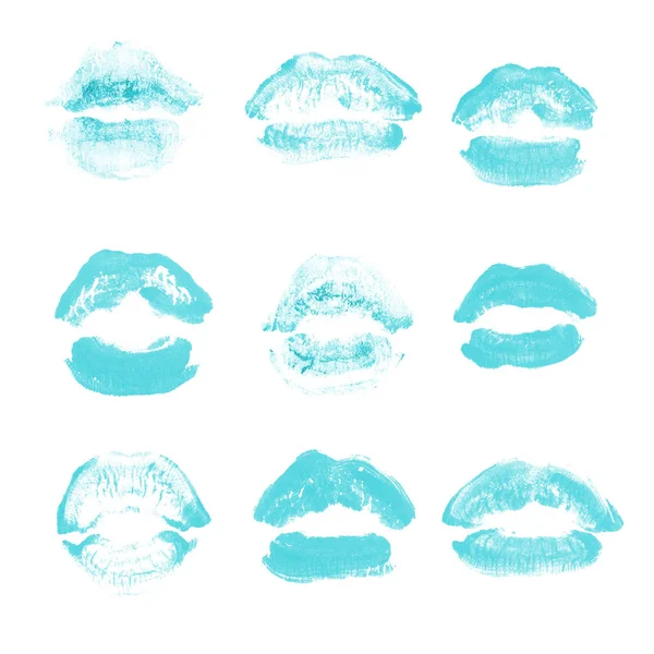 Vrouwelijke lippen lipstick kiss print set voor Valentijn dag geïsoleerd op wit. Licht blauwe kleur — Stockfoto