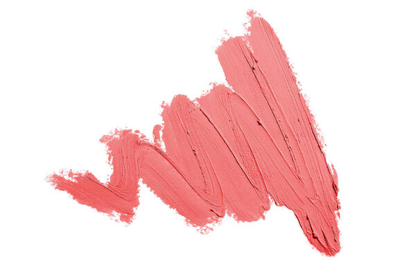 Smear and texture of lipstick or acrylic paint isolated on white background. Stroke of lipgloss or liquid nail polish swatch smudge sample. Element for beauty cosmetic design. Red color
