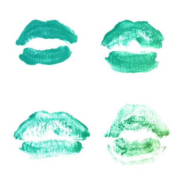 Vrouwelijke lippen lipstick kiss print set voor Valentijn dag geïsoleerd op wit. Emerald kleur — Stockfoto