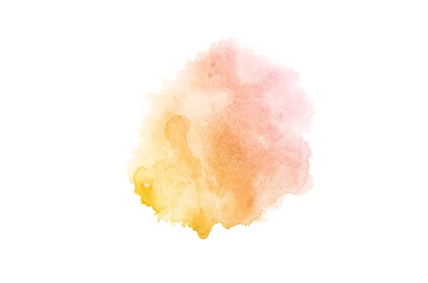 Imagen de fondo de acuarela abstracta con una salpicadura líquida de pintura acuarela, aislada en blanco. Tonos rosa y amarillo — Foto de Stock