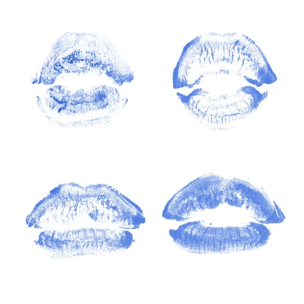 Labios femeninos beso lápiz labial conjunto de impresión para el día de San Valentín aislado en blanco. Color azul —  Fotos de Stock