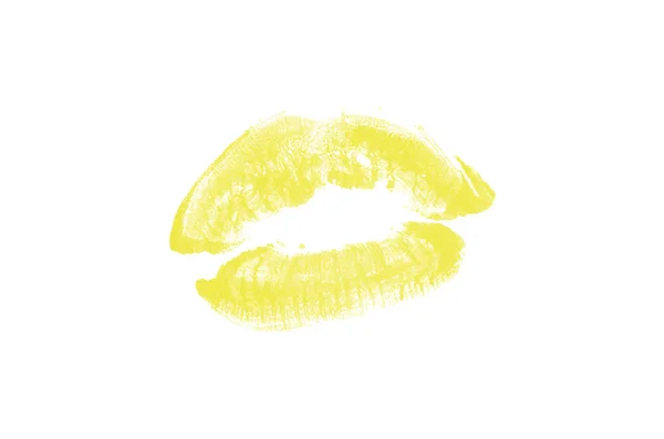 Marca de beso de lápiz labial sobre fondo blanco. Hermosos labios aislados. Color amarillo —  Fotos de Stock