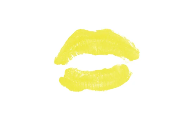 Marca de beso de lápiz labial sobre fondo blanco. Hermosos labios aislados. Color amarillo —  Fotos de Stock