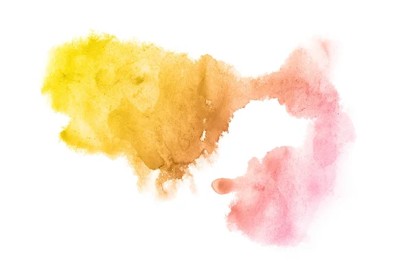 Imagem de fundo aquarela abstrata com um respingo líquido de tinta aquarelle, isolado em branco. Tons rosa e amarelo — Fotografia de Stock