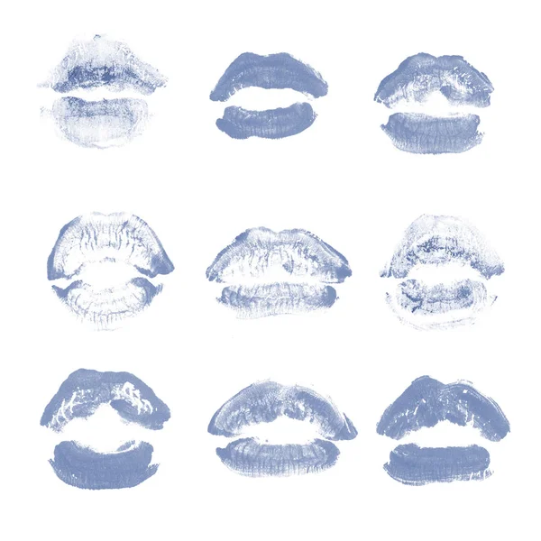 Vrouwelijke lippen lipstick kiss print set voor Valentijn dag geïsoleerd op wit. Donker blauwe kleur — Stockfoto