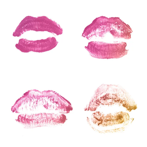女性の唇の口紅のキスプリントは、白で隔離されたバレンタインデーのために設定されています。ブロンズ色 — ストック写真