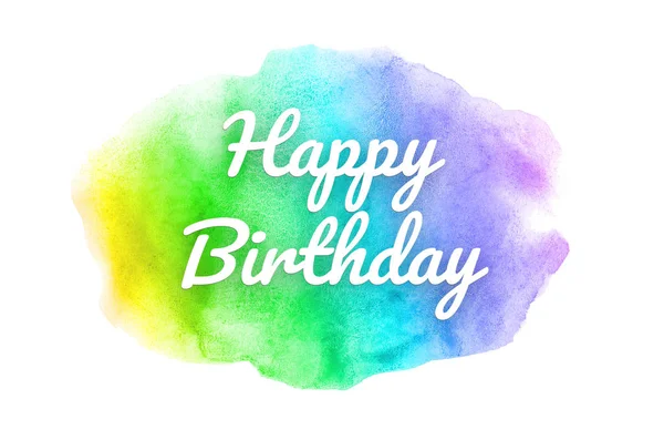 Abstract watercolor background image with a liquid splatter of aquarelle paint. Rainbow tones. Happy birthday — Stock Photo, Image