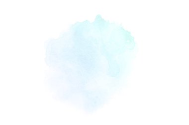 Beyaz üzerine izole edilmiş, sıvı bir kova boyası ile soyut suluboya arka plan görüntüsü. Mavi ve turkuaz pastel tonları