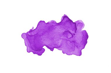 Beyaz üzerine izole edilmiş, sıvı bir kova boyası ile soyut suluboya arka plan görüntüsü. Mor tonları