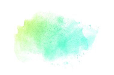 Beyaz üzerine izole edilmiş, sıvı bir kova boyası ile soyut suluboya arka plan görüntüsü. Yeşil ve sarı pastel tonları