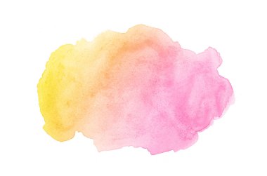 Beyaz üzerine izole edilmiş, sıvı bir kova boyası ile soyut suluboya arka plan görüntüsü. Pembe ve sarı tonları