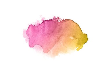Beyaz üzerine izole edilmiş, sıvı bir kova boyası ile soyut suluboya arka plan görüntüsü. Pembe ve sarı tonları