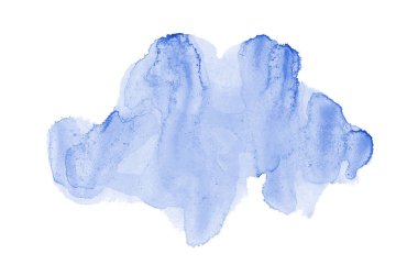 Beyaz üzerine izole edilmiş, sıvı bir kova boyası ile soyut suluboya arka plan görüntüsü. Mavi tonları