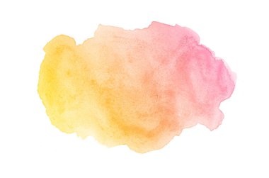 Beyaz üzerine izole edilmiş, sıvı bir kova boyası ile soyut suluboya arka plan görüntüsü. Pembe ve sarı tonları