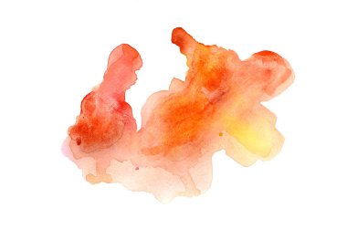 Beyaz üzerine izole edilmiş, sıvı bir kova boyası ile soyut suluboya arka plan görüntüsü. Sıcak tonları