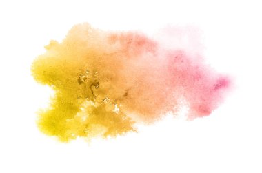 Beyaz üzerine izole edilmiş, sıvı bir kova boyası ile soyut suluboya arka plan görüntüsü. Pembe ve sarı tonları