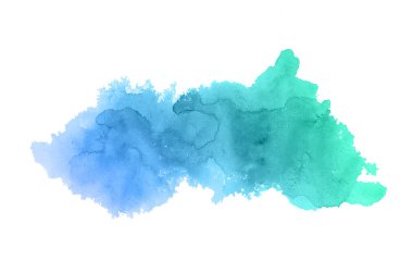 Beyaz üzerine izole edilmiş, sıvı bir kova boyası ile soyut suluboya arka plan görüntüsü. Mavi ve turkuaz pastel tonları