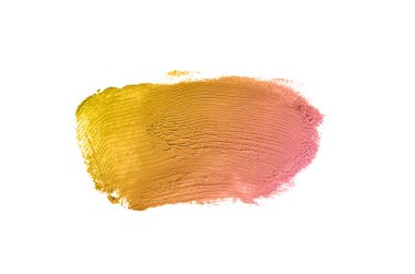 Smear ve ruj veya akrilik boya beyaz arka plan üzerinde izole doku. Lipgloss veya sıvı oje leke örneği inme. Güzellik kozmetik tasarım için eleman. Bronz renk