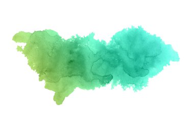 Beyaz üzerine izole edilmiş, sıvı bir kova boyası ile soyut suluboya arka plan görüntüsü. Yeşil ve sarı pastel tonları